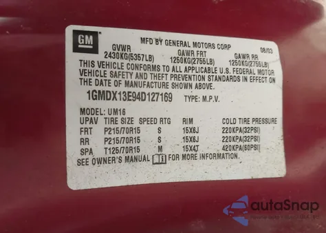 2004 Pontiac Montana M16 W/1Se Pkg. из США, поврежденный, VIN 1GMDX13E94D127169